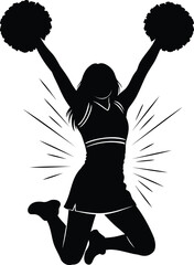 Cheerleader silhouette vector jumping with pom-poms in black and white illustration