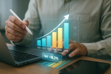 Businessman analyzing holographic bar chart with yearly growth 2022 to 2026
