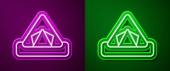 Glowing neon line Tourist tent icon isolated on purple and green background. Camping symbol. Vector