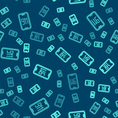 Green line Mobile phone with emergency call 911 icon isolated seamless pattern on blue background. Police, ambulance, fire department, call, phone. Vector