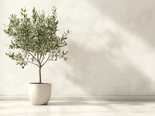 Fototapeta premium A pretty, young olive tree in a pot sits inside near a white wall. It adds a nice touch to the room. 