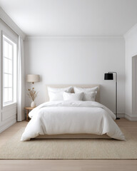 Minimalist bedroom interior with white bed. calm and modern home space with scandinavian design. Bright natural light creates peaceful and serene atmosphere for relaxation