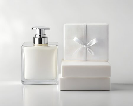 Mockup image elegant soap dispenser with two bars of soap and a gift box isolated on white background, perfect for a spa day