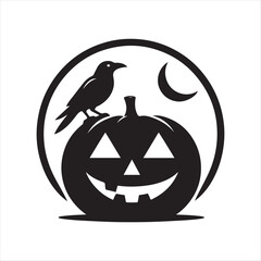 Jack-o’-lantern with crow sitting on it vector silhouette outline logo design concept illustration