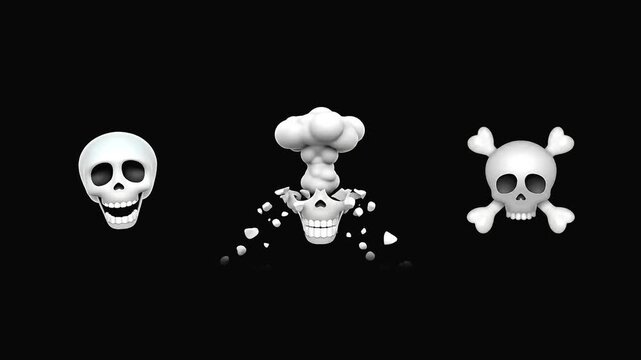 Funny skull emoji animation. Cartoon skeleton head reaction &ndash; laughing, exploding, and shaking bones. Perfect for memes, Halloween, digital reactions or viral videos, or spooky hallowing 
