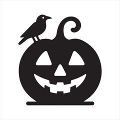 Jack-o’-lantern with crow sitting on it vector silhouette outline logo design concept illustration