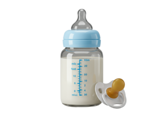 Transparent glass baby bottle with creamy white milk, blue markings, light blue collar & clear nipple, with a white pacifier on a transparent background, no shadows. Concept for baby product