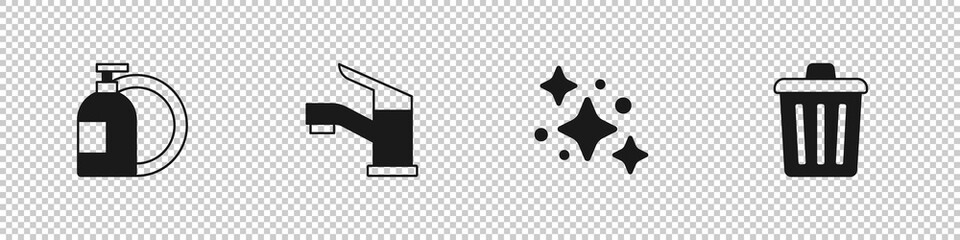 Set Dishwashing liquid bottle, Water tap, Home cleaning service and Trash can icon. Vector
