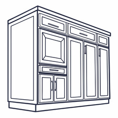 Minimalist outlined kitchen cabinetry featuring drawers doors and a decorative panel on a white background view from below vector