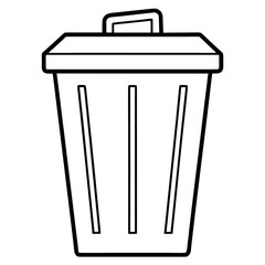 Minimalist illustration of a trash can with a lid and vertical slats in a simple black and white outline style vector