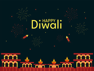 Happy Diwali Indian festival of lights. Vector illustration of cityscape or landscape background with firecrackers in the background for celebration.