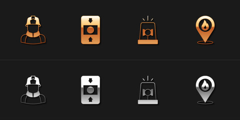 Set Firefighter, alarm system, Flasher siren and Location with fire flame icon. Vector