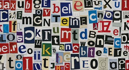 Abstract collage of colorful cut-out letters creating a chaotic and artistic effect