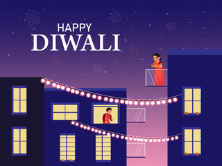 Happy Diwali Indian festival of lights. Vector illustration of cityscape or landscape background with family celebrating festival.