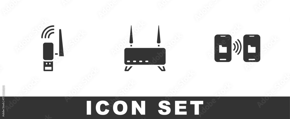 Aufkleber set usb wireless adapter, router and wi-fi signal and data transfer storage icon. vector
