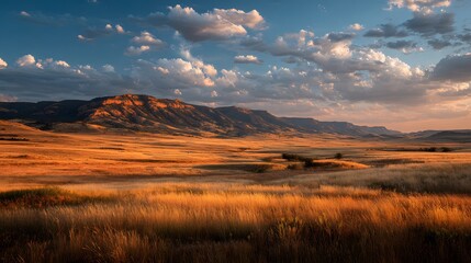 Vast, golden prairie at sunset, with the low sun casting a warm, dramatic glow over the landscape and a distant mesa. The sky is filled with beautiful, soft clouds.