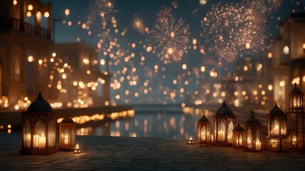 Fototapeta premium Captivating Nightscape with Lanterns and Colorful Fireworks Display
