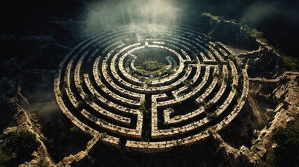 Ancient Labyrinth: A captivating aerial perspective reveals an ancient, circular labyrinth nestled amidst a rugged, stone landscape, its intricate pathways illuminated by a beam of celestial light.