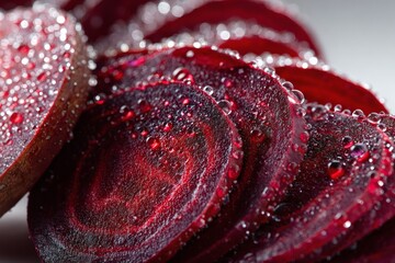Freshly sliced beetroot with water droplets, close-up macro shot, vibrant deep red tones,