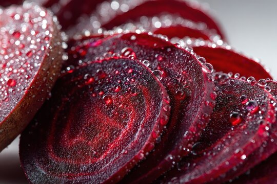 Freshly sliced beetroot with water droplets, close-up macro shot, vibrant deep red tones,