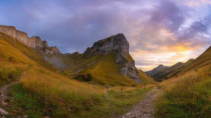 alpine. Panoramic alpine landscape at dusk with warm golden light on mountain peaks. travel magazines, destination branding, designed for outdoor magazines and nature guides.
