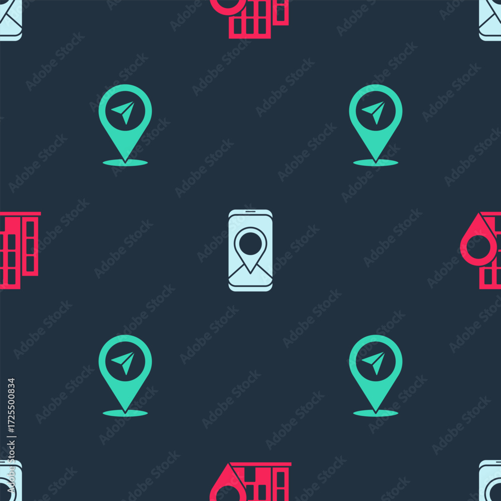 Poster set location with house, city map navigation and on seamless pattern. vector