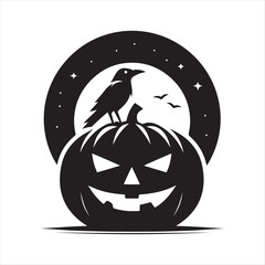 Jack-o’-lantern with crow sitting on it vector silhouette outline logo design concept illustration