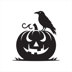Jack-o’-lantern with crow sitting on it vector silhouette outline logo design concept illustration