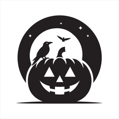 Jack-o’-lantern with crow sitting on it vector silhouette outline logo design concept illustration