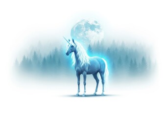 Majestic white unicorn stands illuminated under a glowing full moon in a mystical forest