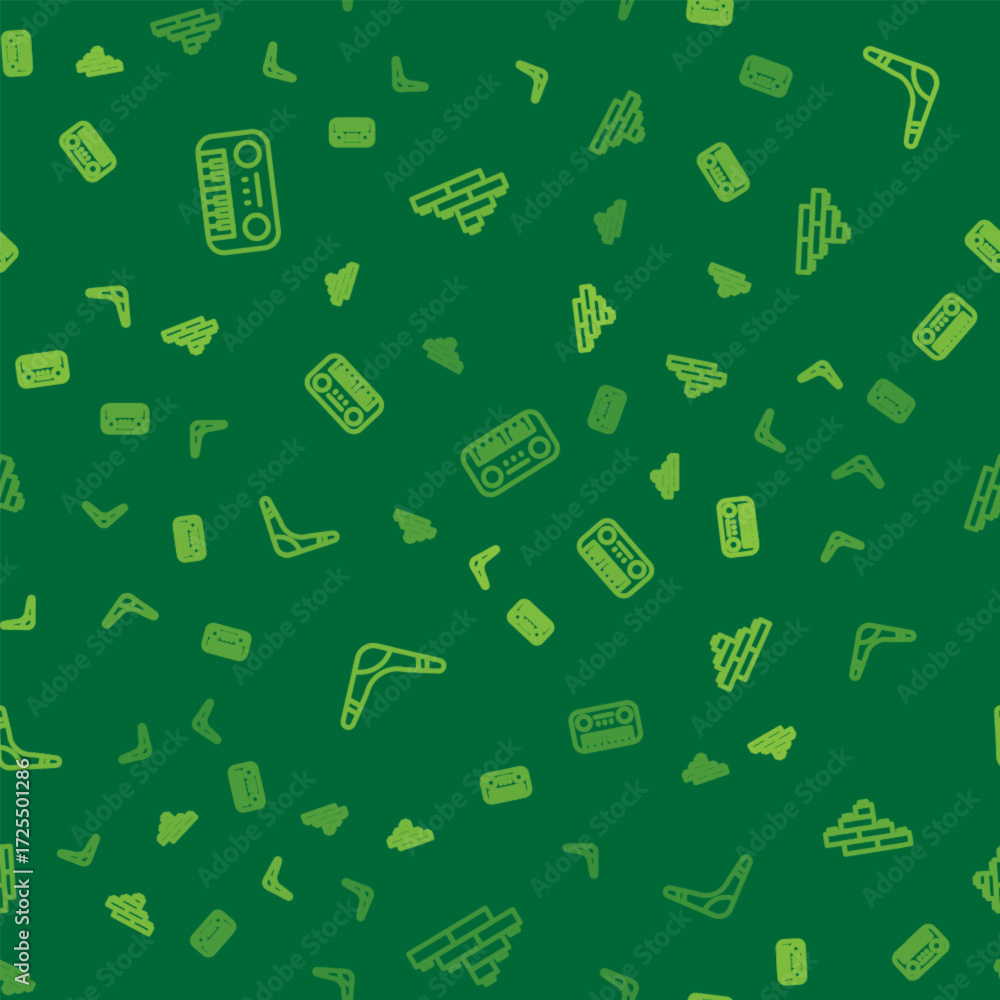 Poster set line toy piano, boomerang and building block bricks on seamless pattern. vector