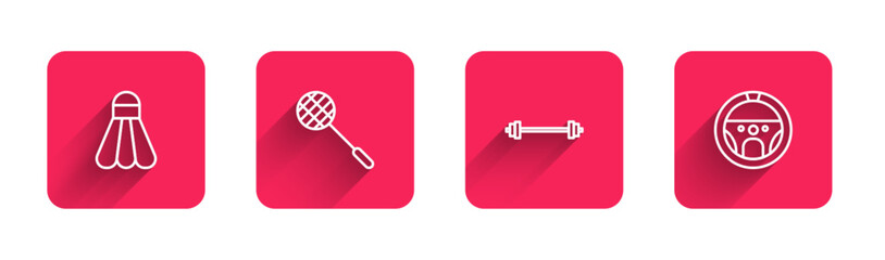 Set line Badminton shuttlecock, Tennis racket, Barbell and Steering wheel with long shadow. Red square button. Vector