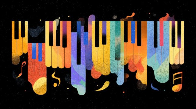 Colorful piano keys, abstract shapes, musical notes on a black background