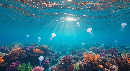 Fototapeta premium Jellyfish and coral reef underwater scene