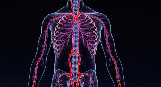 3D anatomical illustration of human circulatory system, highlighting veins and arteries in a torso and upper limbs