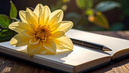 Yellow dahlia on open notebook