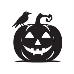 Jack-o’-lantern with crow sitting on it vector silhouette outline logo design concept illustration