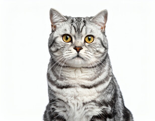 Obraz premium Isolated cat portrait, silver tabby British Shorthair with sharp fur detail, clean white background, premium studio quality for stock imagery needs.