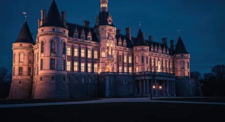 Fototapeta premium A grand stone castle at night, illuminated warmly by interior lights. Towering structures, crenellations, and tall windows are visible against the dark blue twilight sky