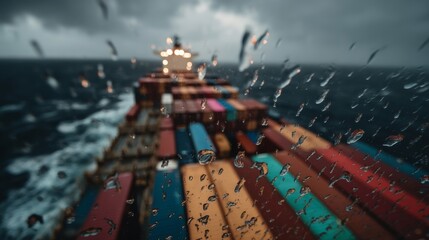 Obraz premium Containers on a cargo ship viewed through a rainy window during a storm
