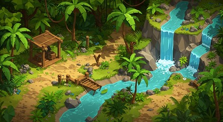 Jungle path waterfall scene