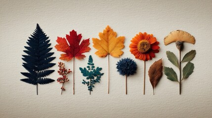 A vibrant arrangement of autumnal leaves and flowers, showcasing a spectrum of colors against a neutral backdrop.