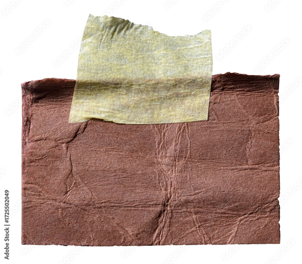 Poster isolated cut out torn piece of brown paper note cardboard with rough texture edges and adhesive stic