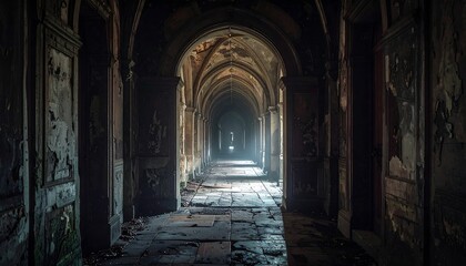 Obraz premium An aged, dimly lit corridor of a building, the arching ceiling and walls showing decay and damage, bathed in light