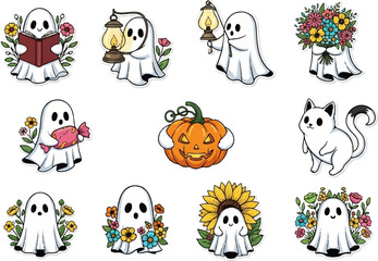 Cute Vector Sticker Set of 8 Ghosts with Flowers and Halloween Items