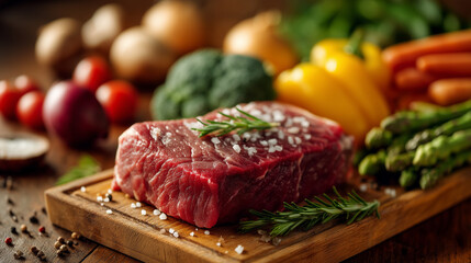 Juicy raw steak on a wooden board next to fresh vegetables. Grill set