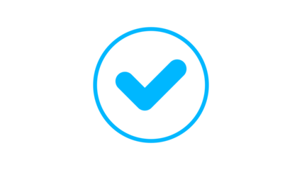 Blue tick icon with circle outline, check mark correct approve success vector