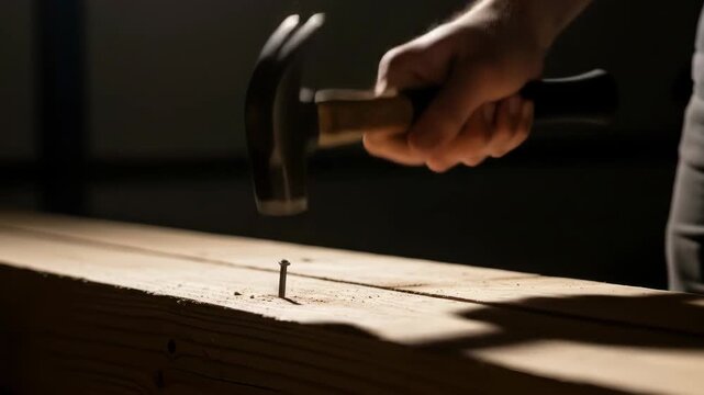 Hand driving nail into wooden plank with hammer in slow motion  closeup carpentry action