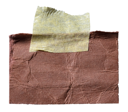 Isolated cut out torn piece of brown paper note cardboard with rough texture edges and adhesive sticky tape with copy space for text, transparent png background design element