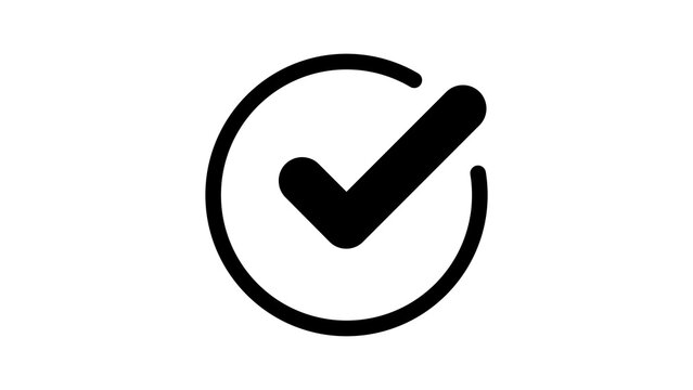 Black tick icon with circle outline, check mark approve success vector